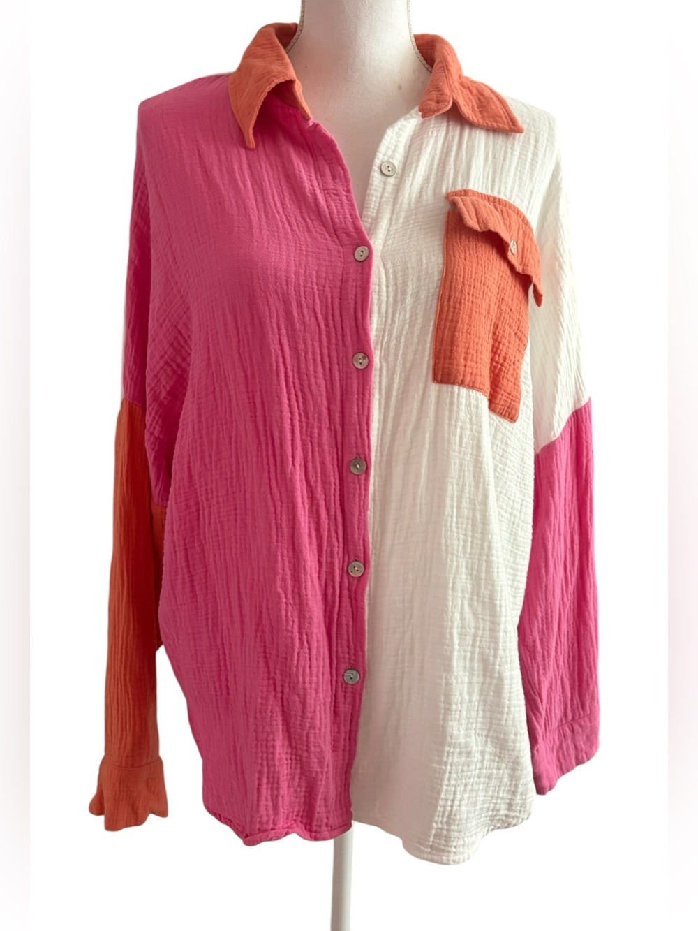 Colorblock Button-Down Shirt - Pink, Coral & Cream
